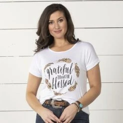 Grateful Thankful Blessed Leopard Feathers Top