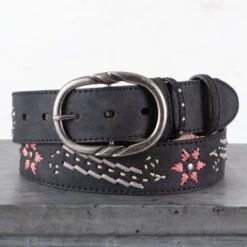 Black Distressed Embroidered Flower Belt