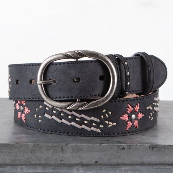 Black Distressed Embroidered Flower Belt 3 Black Distressed Embroidered Flower Belt