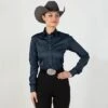 Faux Button Zip Stretch Sateen Dark Grey Top -Western Cowboy Equipment Shop 68523