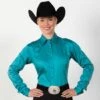 Faux Button Zip Stretch Sateen Turquoise Show Top -Western Cowboy Equipment Shop 68524