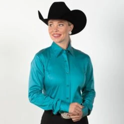 Faux Button Zip Stretch Sateen Turquoise Show Top -Western Cowboy Equipment Shop 68524 alt2