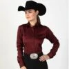 Faux Button Zip Stretch Sateen Burgundy Show Top -Western Cowboy Equipment Shop 68526