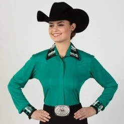 Teal And Black Rhinestone Show Blouse