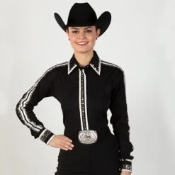 Black And White Rhinestone Zip Front Blouse