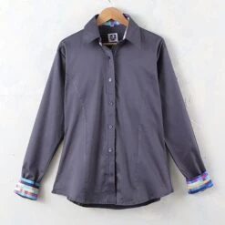 Faux Button Zip Stretch Sateen Grey Show Top -Western Cowboy Equipment Shop 76642