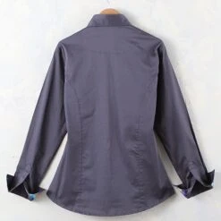 Faux Button Zip Stretch Sateen Grey Show Top -Western Cowboy Equipment Shop 76642 back