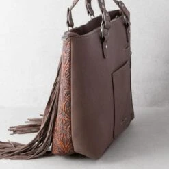 Trinity Ranch Brown Floral Tooled Cowhide Tote -Western Cowboy Equipment Shop 849158 side A