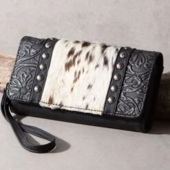 Trinity Ranch Black Cowhide Floral Tooled Wallet