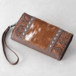 Trinity Ranch Brown Cowhide Floral Tooled Wallet