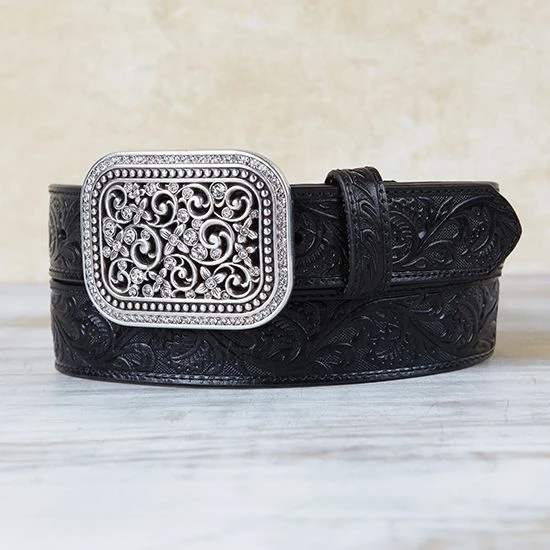 Ariat Black Tooled Belt With Rhinestone Buckle 3 Ariat Black Tooled Belt With Rhinestone Buckle