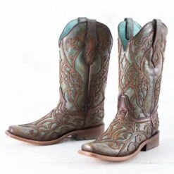 Corral Turquoise And Brown Embroidered Overlay Boots