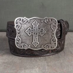 Nocona Brown Tooled Cross Belt