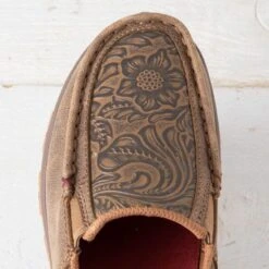 Twisted X Brown Floral Tooled Slip On Moccasins -Western Cowboy Equipment Shop WXC0013 toe